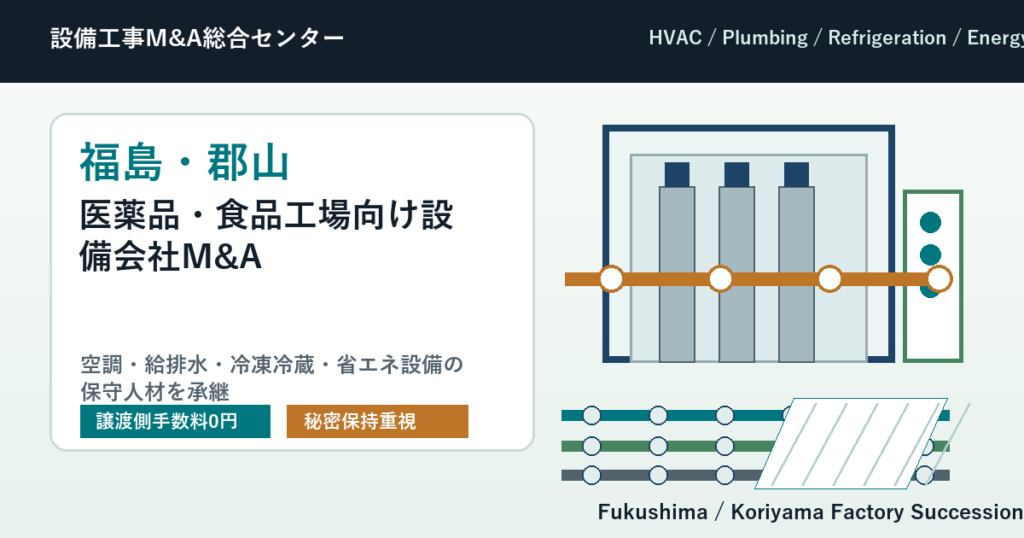 福島・郡山の医薬品・食品工場向け空調・給排水・冷凍冷蔵設備会社M&Aで保守人材を承継する会社売却