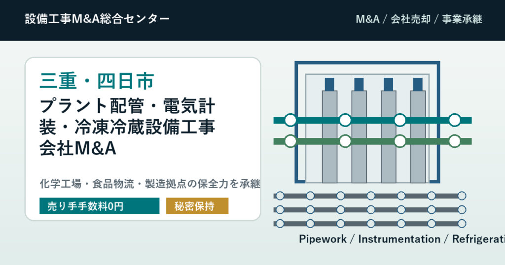 三重・四日市のプラント配管・電気計装・冷凍冷蔵設備工事会社M&Aで化学工場と物流拠点の保全力を承継する会社売却
