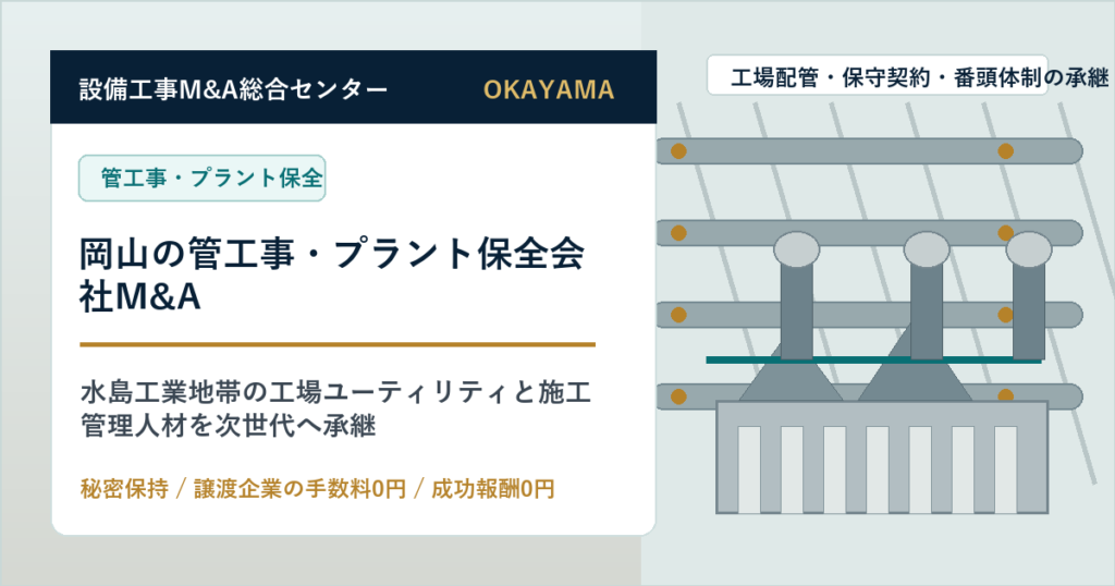 岡山の管工事・プラント保全会社M&Aで水島工業地帯の工場ユーティリティと施工管理人材の承継を相談する経営者