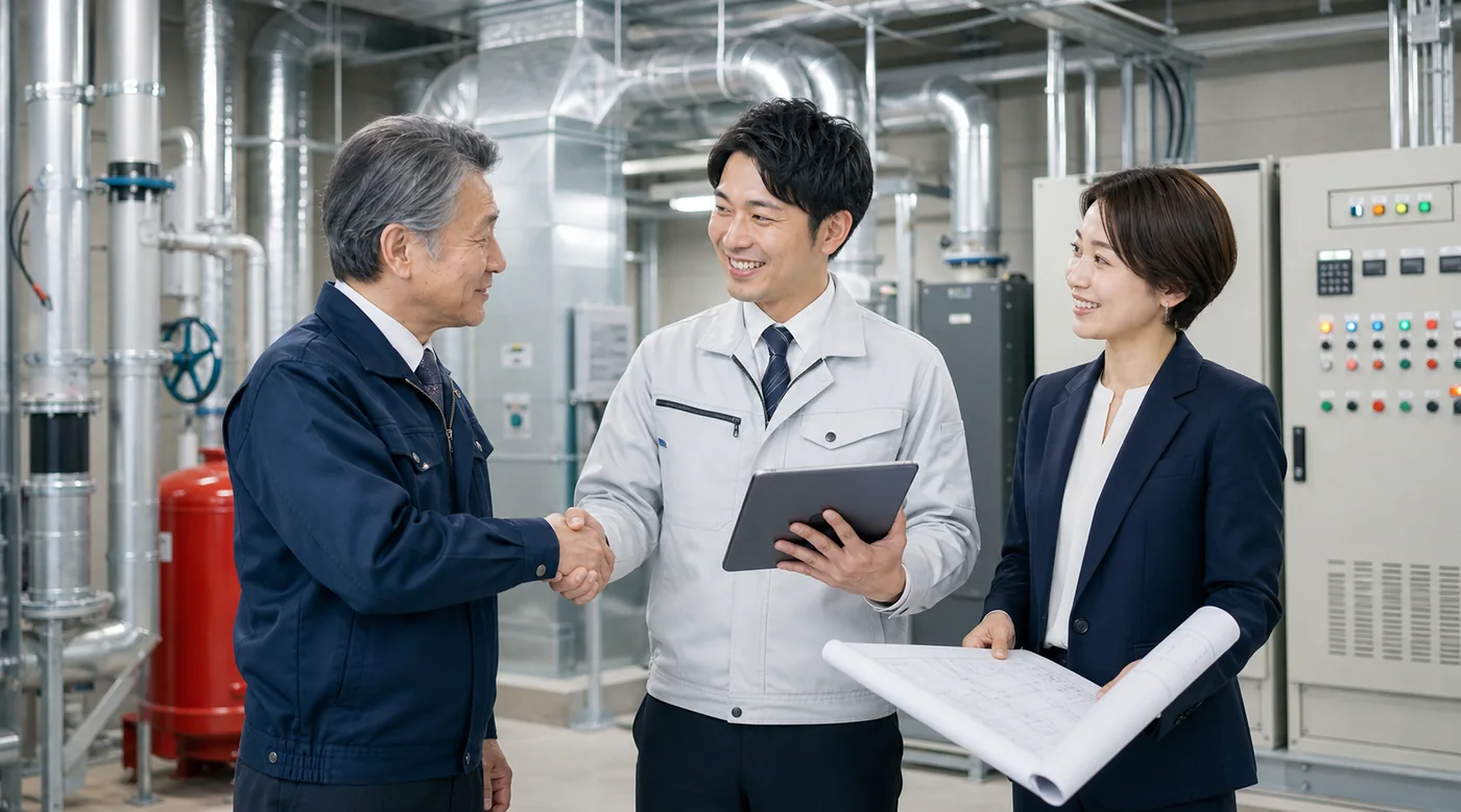 設備工事会社のM&A成約後に現場を引き継ぐ経営者と後継者