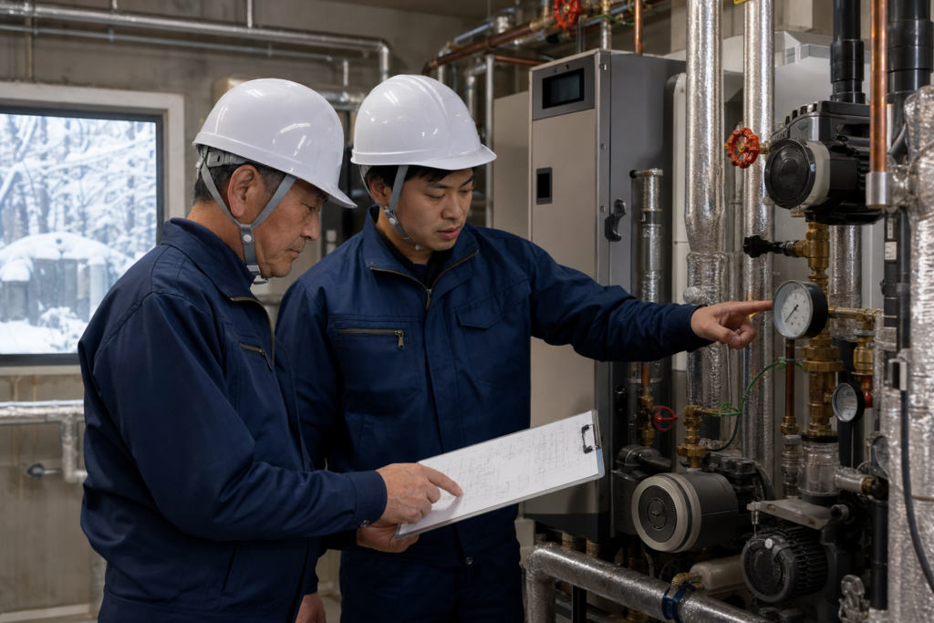 山形県の暖房・ボイラー設備工事会社M&Aに向けて機械室の配管と図面を確認する技術者
