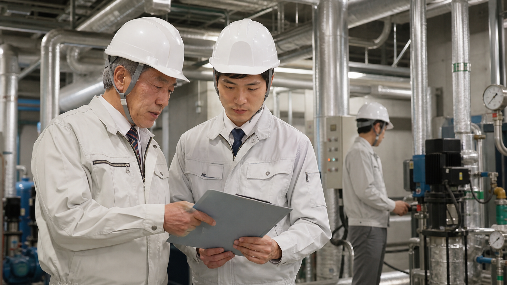 岡山県の機械室で空調設備図面を確認する会社経営者と後継者
